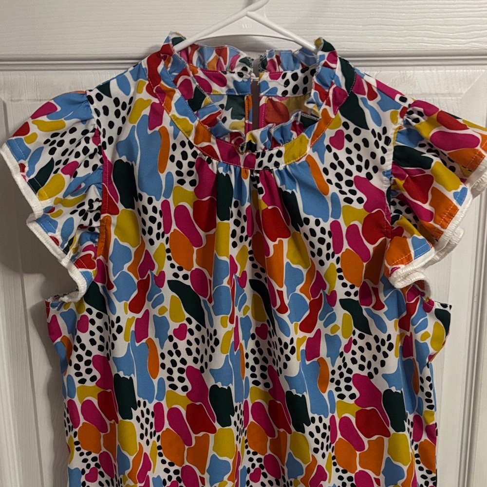 Vibrant Multicolor Ruffle Neck Flutter Sleeve Top - Picture 2 of 7